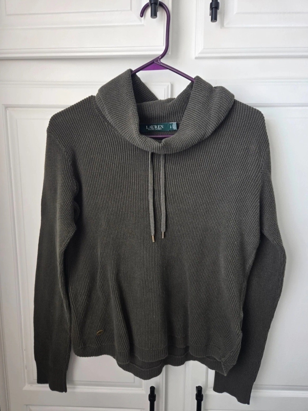 Ralph Lauren Olive Green Ribbed Cowl Neck Sweater with Drawstring